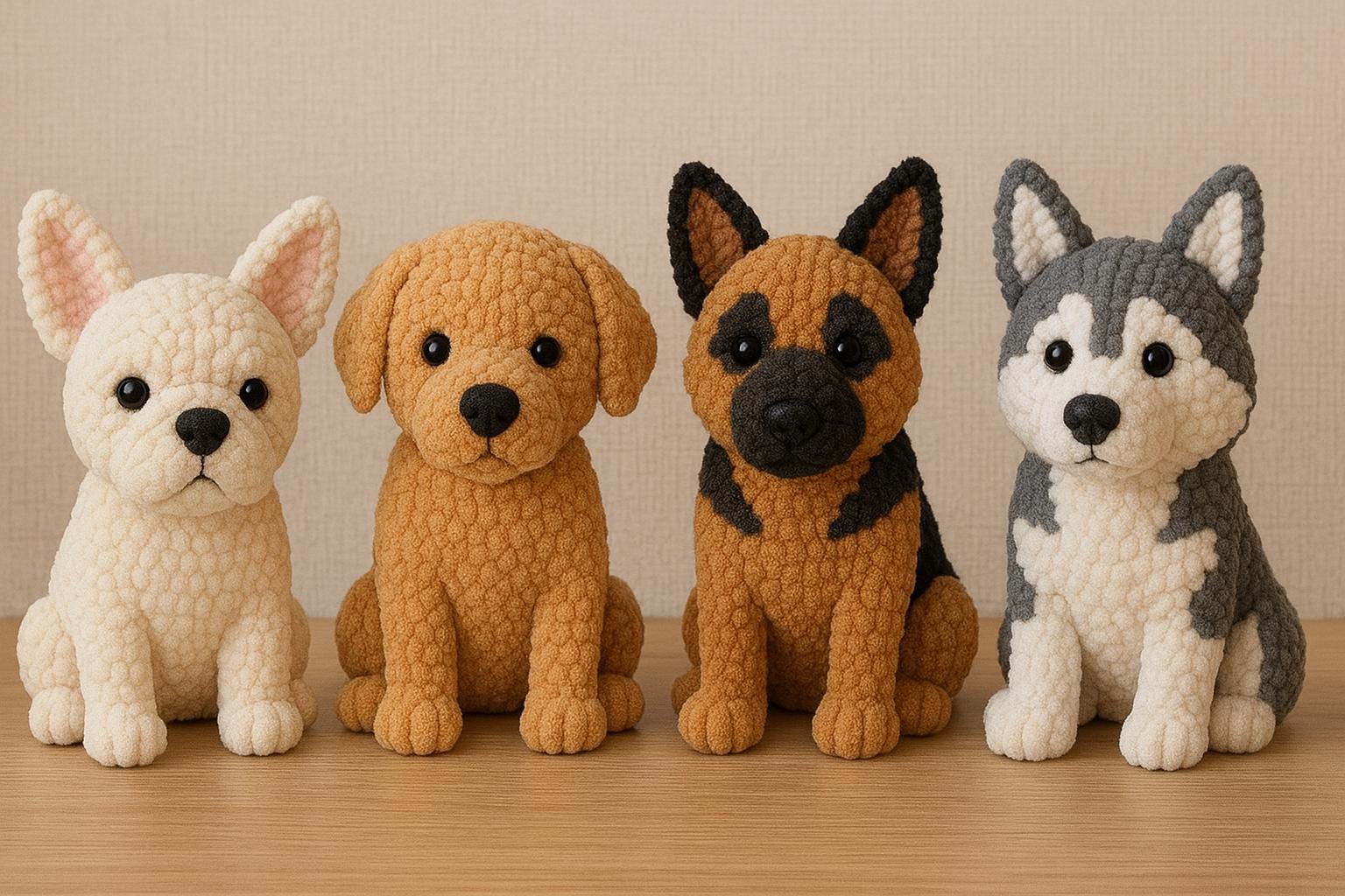 Bundle French Bulldog, Labrador, German Shepherd & Husky - 4 Amigurumi Dog Patterns | Chenille Crochet Plushies | Sitting Puppy Pattern PDF