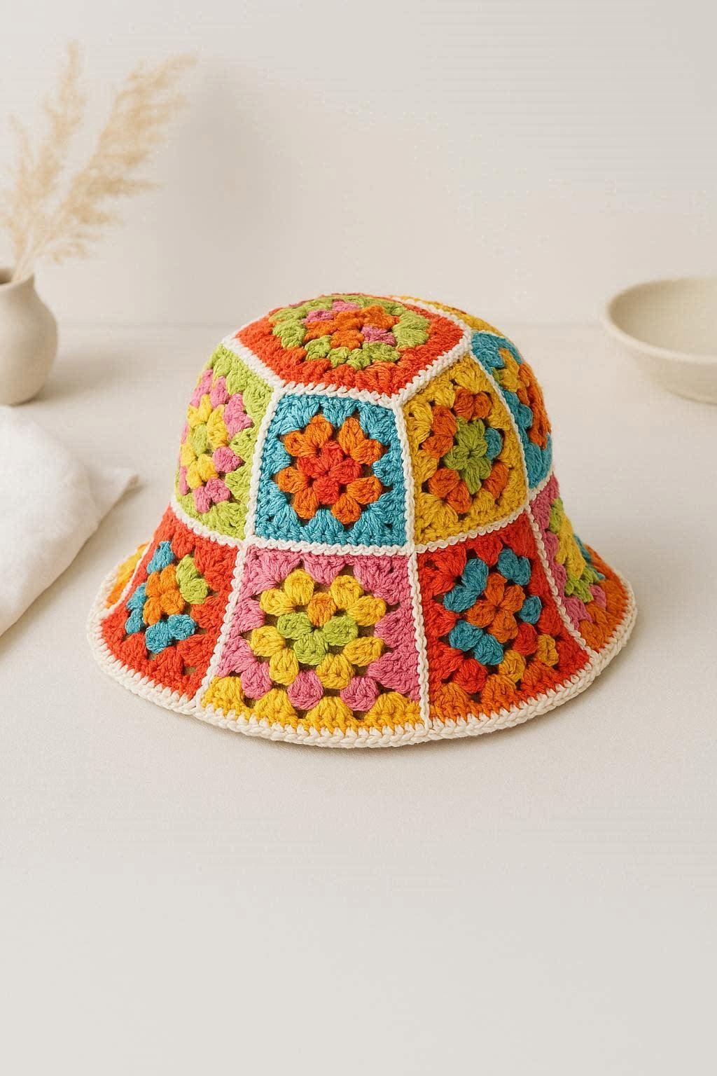 Crochet Granny Bucket Hat Pattern PDF, Colorful Summer Festival Hat, Easy Granny Square Hat Tutorial Wiht Photos step by step