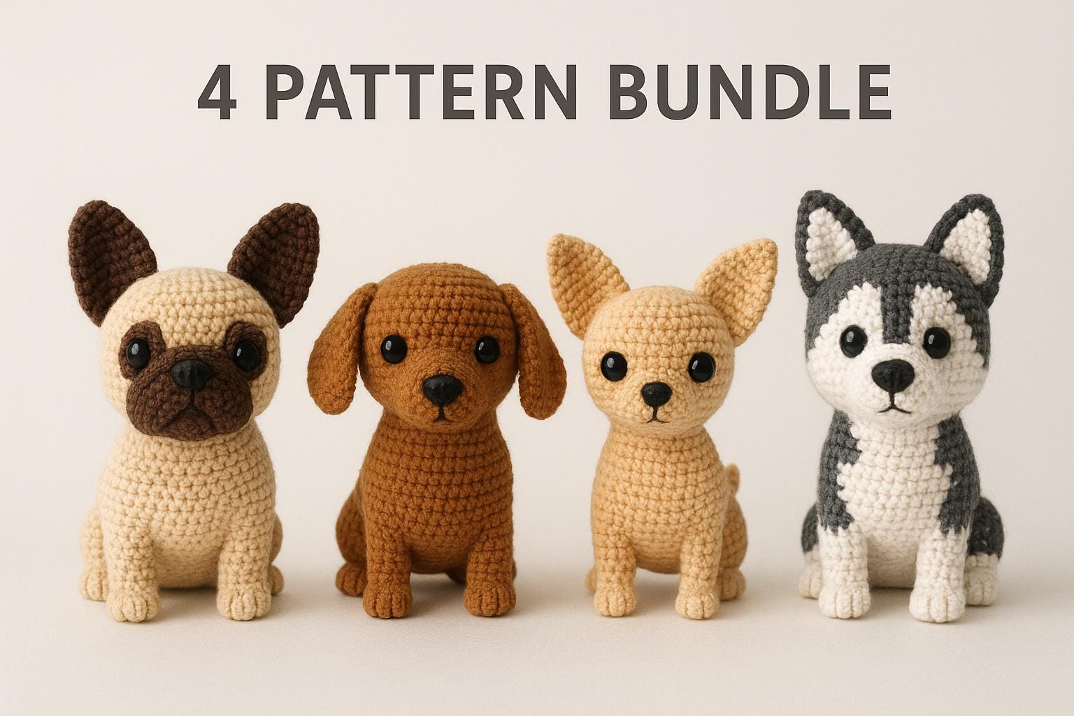 Dog Amigurumi Bundle – 4 Crochet Dog Patterns PDF – French Bulldog, Dachshund, Chihuahua & Husky Crochet Set