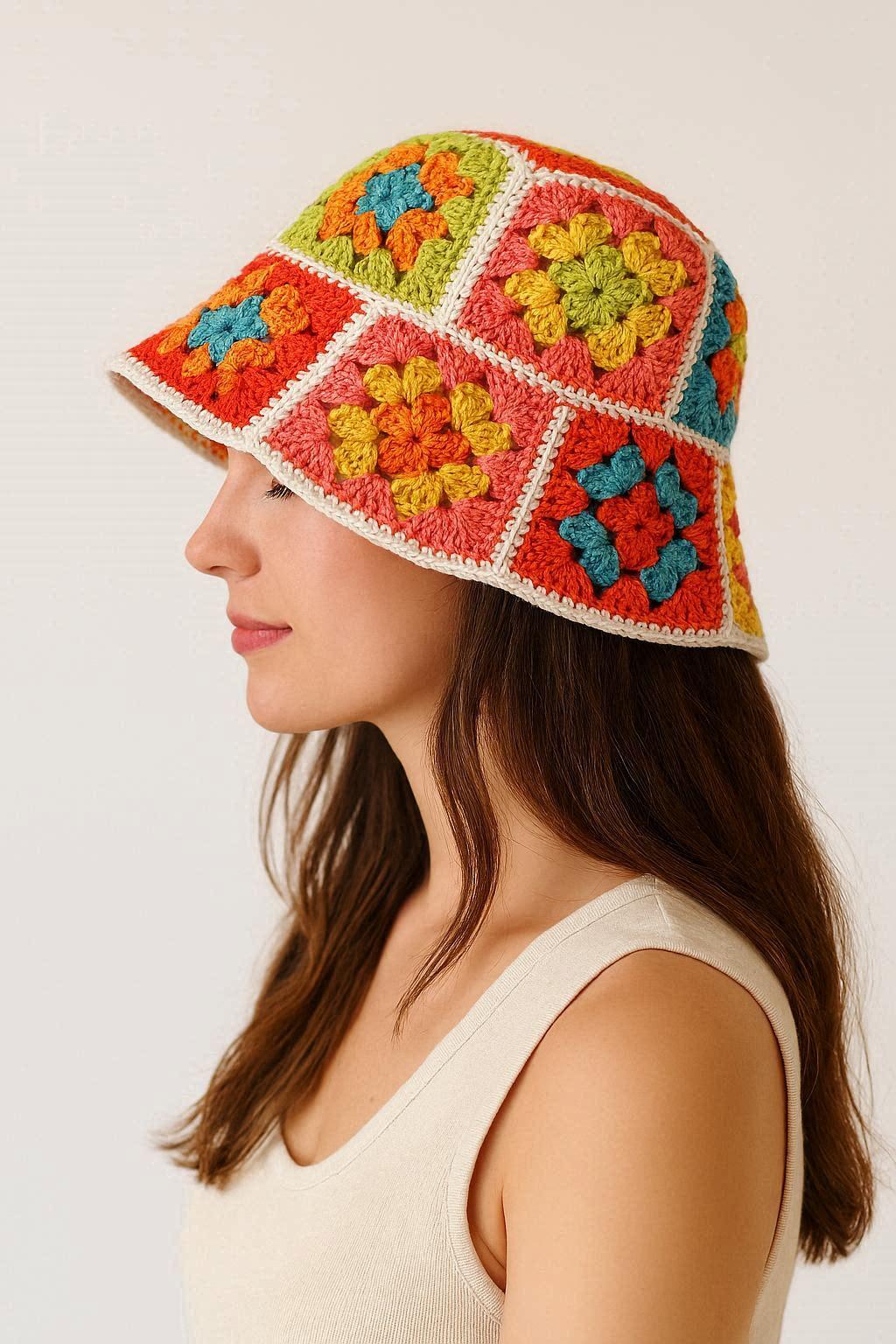 Crochet Granny Bucket Hat Pattern PDF, Colorful Summer Festival Hat, Easy Granny Square Hat Tutorial Wiht Photos step by step