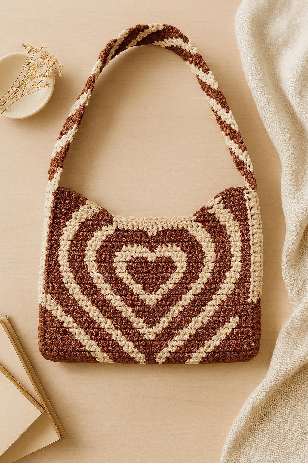 Crochet Heart Shoulder Bag Pattern PDF | Checkered Heart Tote | Trendy Y2K Crochet Purse | Step by Step with Photos