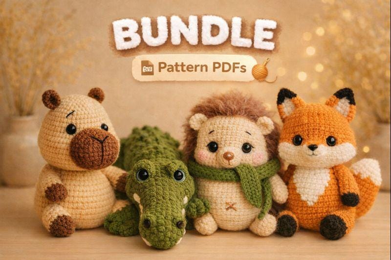 Amigurumi Animal Bundle Crochet Pattern | Capybara, Crocodile, Hedgehog and Fox | Cute Woodland & Zoo Animals | PDF Pattern