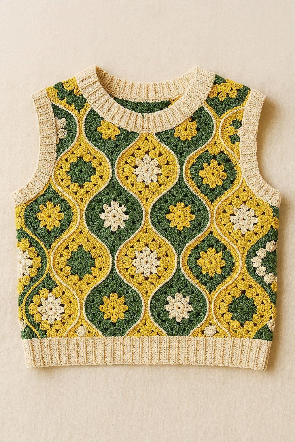 Lantern Flower Crochet Top Pattern - Boho Granny Square Crop - 70s Retro Sleeveless Top - Moroccan Motif Summer Waistcoat - Sizes XS-XXL