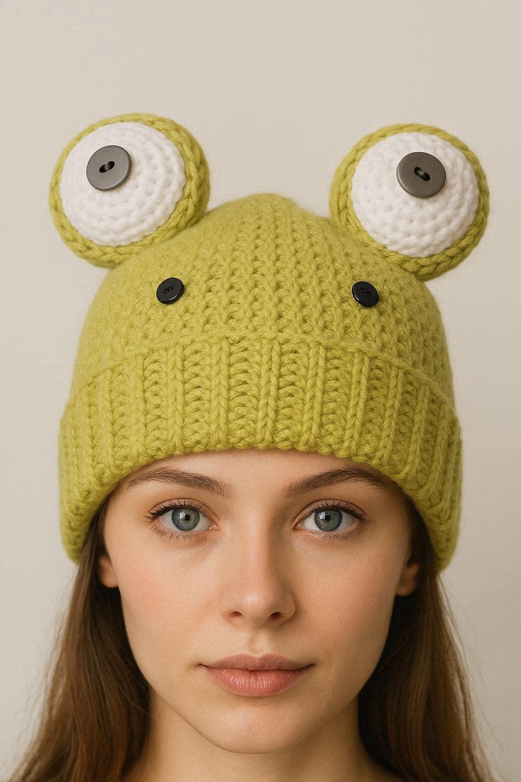 Frog Hat Crochet Pattern PDF, Chunky Frog Beanie Tutorial, Cute Animal Hat Crochet Pattern with Step-by-Step, Aesthetic Winter Hat DIY,
