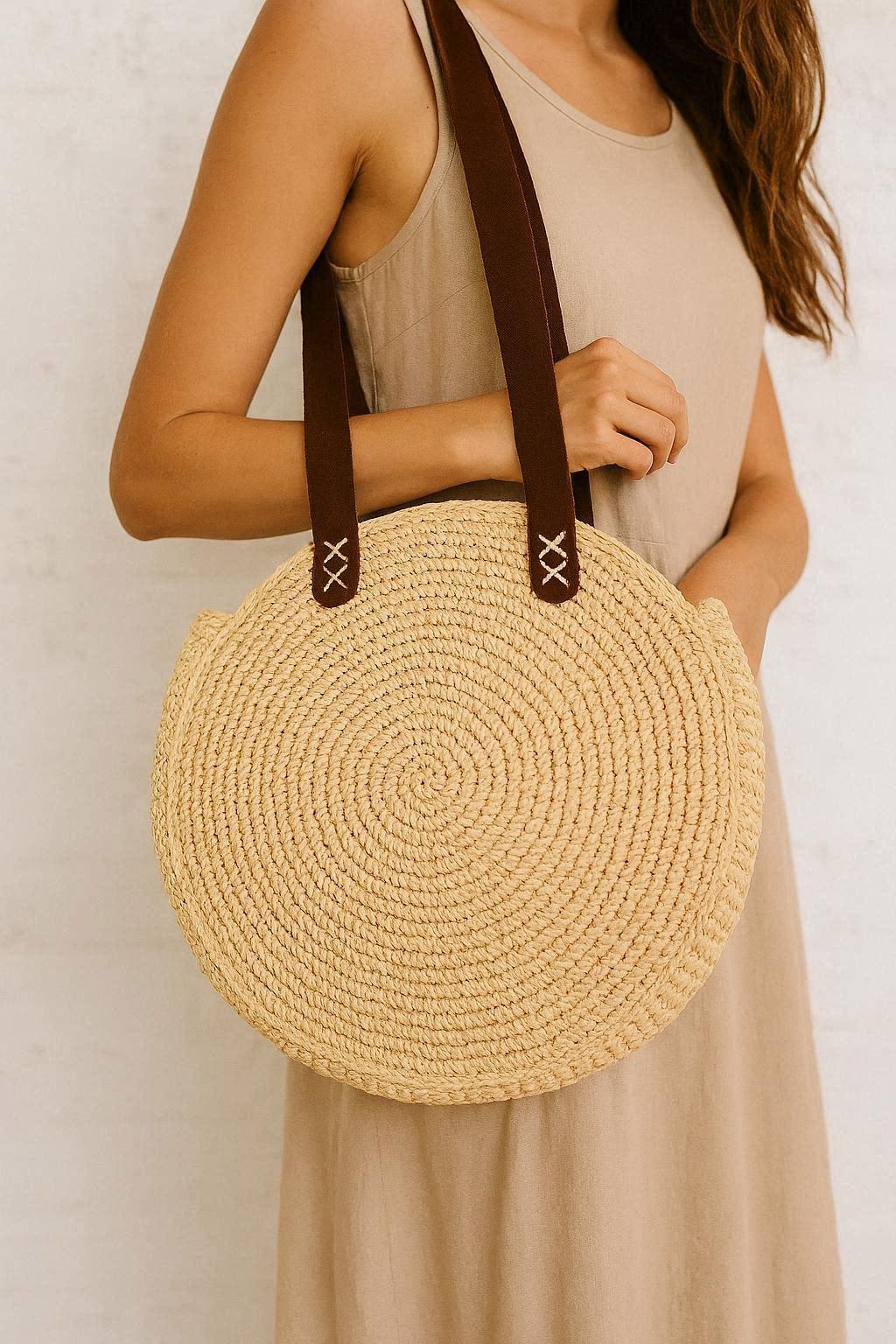 Round Crochet Bag Pattern PDF | Summer Boho Circle Tote | Raffia Style Shoulder Bag | Step by Step Tutorial