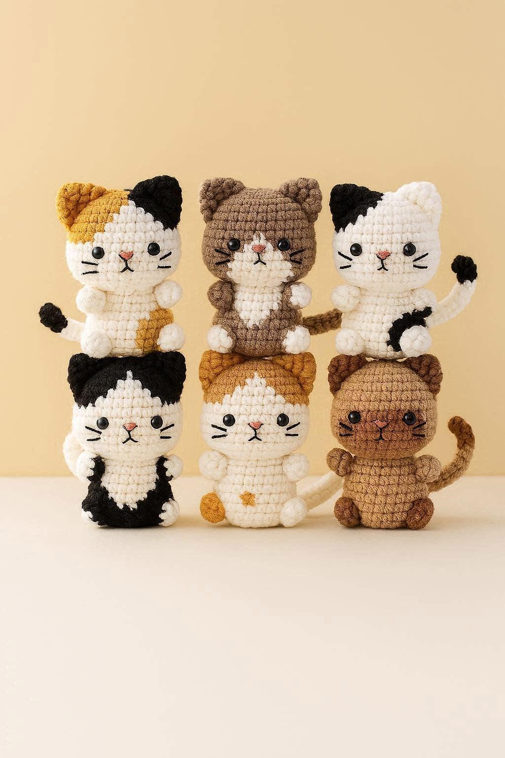 Crochet Mini Kittens Pattern – 6 Adorable Colorful Kawaii Cats, Step-by-Step Tutorial with Photos, Amigurumi DIY Kit