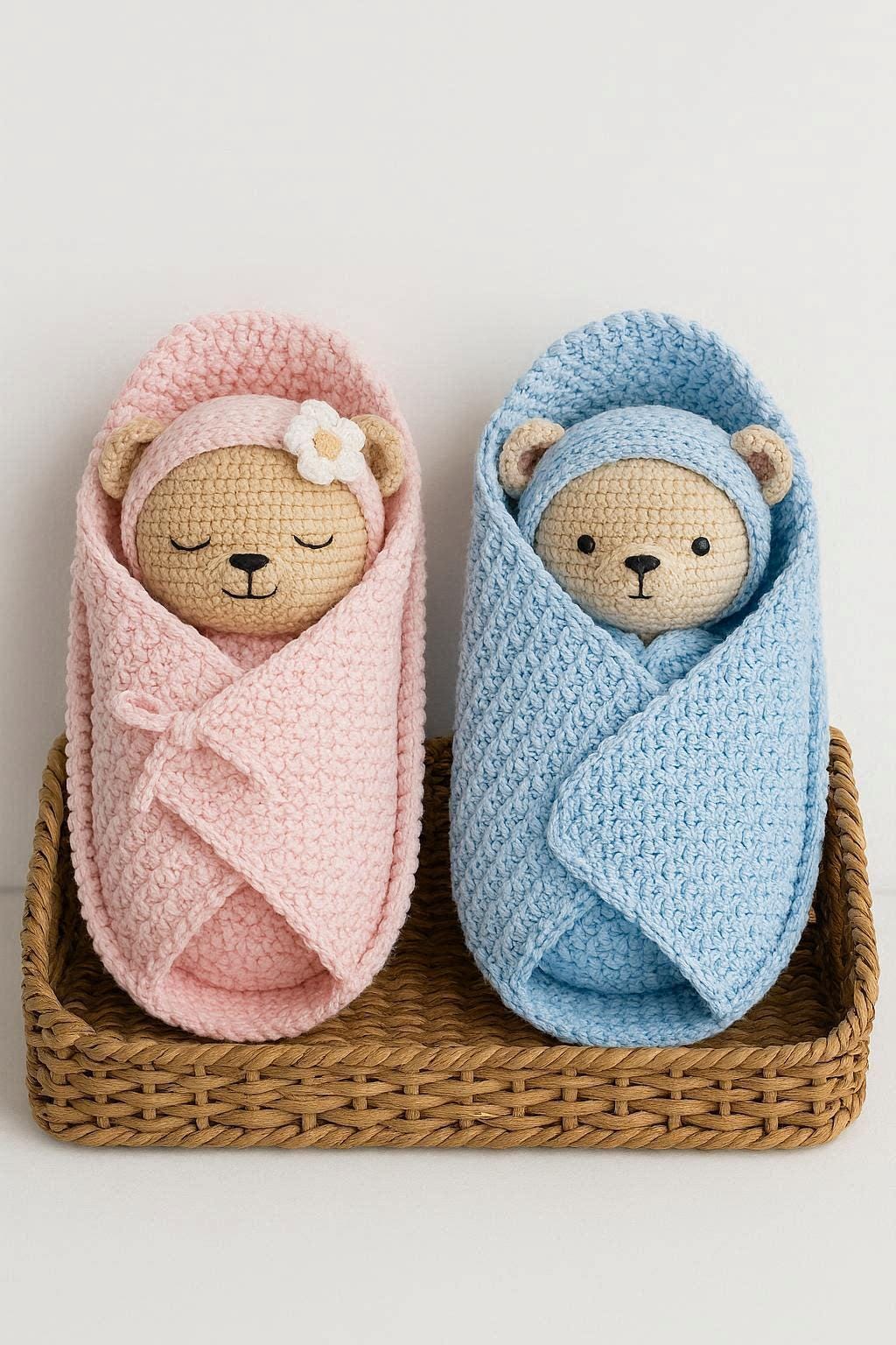 Baby Bear Amigurumi Pattern with Bassinet & Blanket PDF – Crochet Twin Teddy Set – Newborn Gift – Photos Step by Step Tutorial