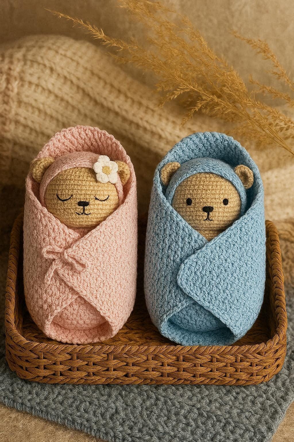 Baby Bear Amigurumi Pattern with Bassinet & Blanket PDF – Crochet Twin Teddy Set – Newborn Gift – Photos Step by Step Tutorial