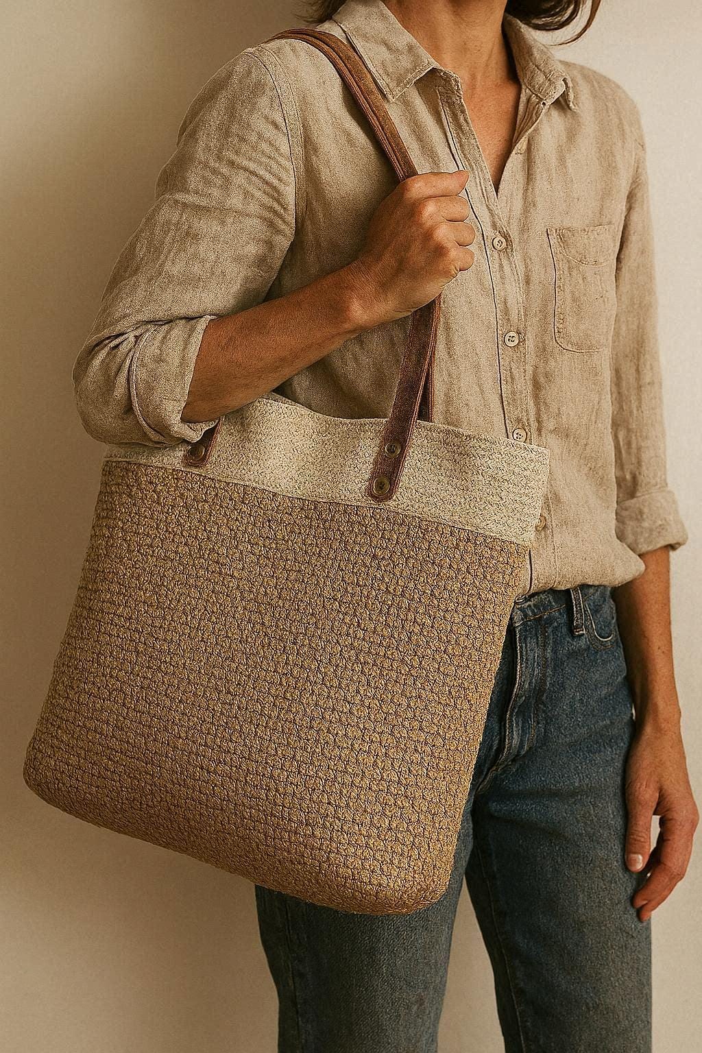 Spike Stitch Crochet Tote Bag Pattern with Leather Handles – Step by Step Photo Tutorial – Modern Handmade Bag