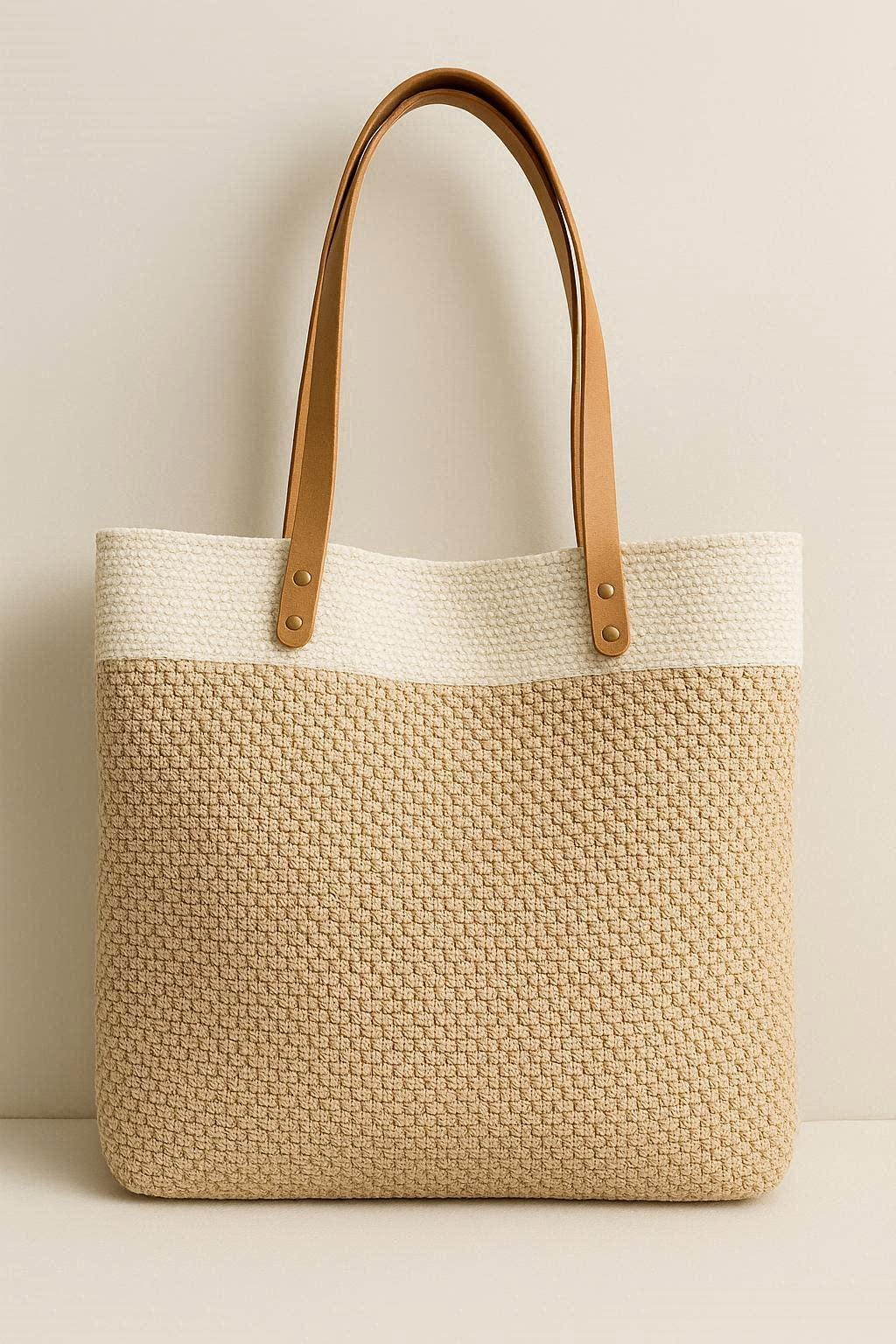 Spike Stitch Crochet Tote Bag Pattern with Leather Handles – Step by Step Photo Tutorial – Modern Handmade Bag