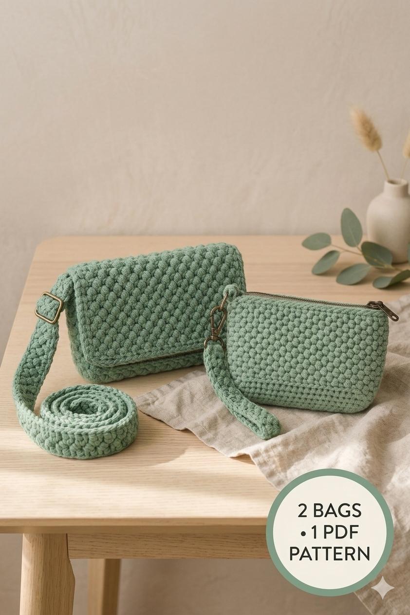 2 in 1 PDF Pattern Crochet Pouch Bundle, Crossbody Bag and Small Essentials Pouch, Modern Crochet Bag Pattern