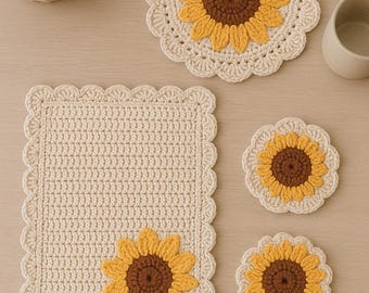 Sunflower Table Set Crochet Pattern PDF (EN/IT) -- Placemat + Coaster + Centerpiece -- Kitchen & Home Decor