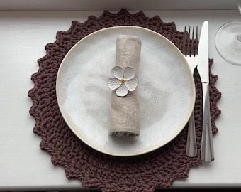 Round Crochet Placemat, 12 Inch, Cotton Cord, Flat Table Mat, Neutral Decor