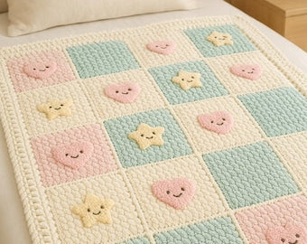 Crochet Blanket patchwork with Hearts & Stars -- Soft Cozy Handmade Blanket, Gift for Home Decor