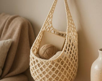 Hanging Mesh Basket , Crochet Net Bag, Beginner Friendly, DIY Cotton Home Decor