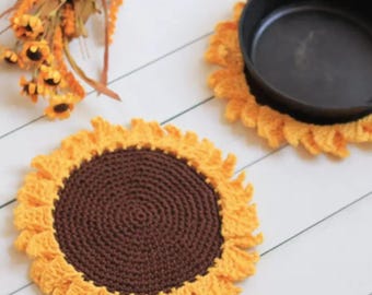Sunflower Pot Holder Crochet Pattern -- PDF Tutorial, Flower, Handmade Kitchen Decor | Presina Girasole Uncinetto