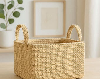 Sturdy Rectangular Crochet Basket Pattern -- Waistcoat Stitch -- Modern Storage Basket with Handles -- Step-by-Step PDF