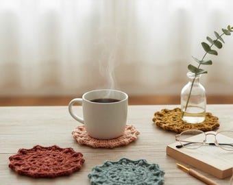 Boho Crochet Coaster Pattern, Modern Flower Lace Cup Mat Tutorial, Farmhouse Table Decor mandala