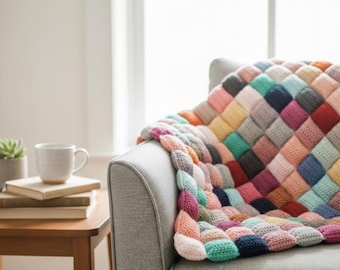 Crochet Puff Blanket Pattern, Colorful Bubble Tutorial, 3D Quilt, Scrappy Afghan Guide, Modern Decor